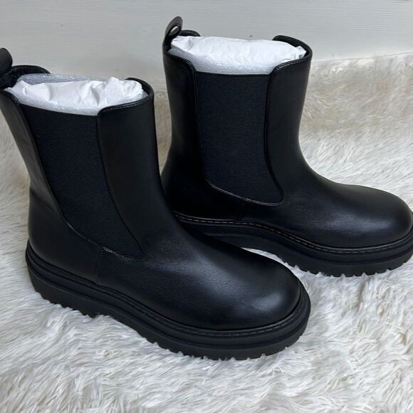 Good American Chelsea Black Leather Pull on Platform Boots New Size 12 - Picture 3 of 8